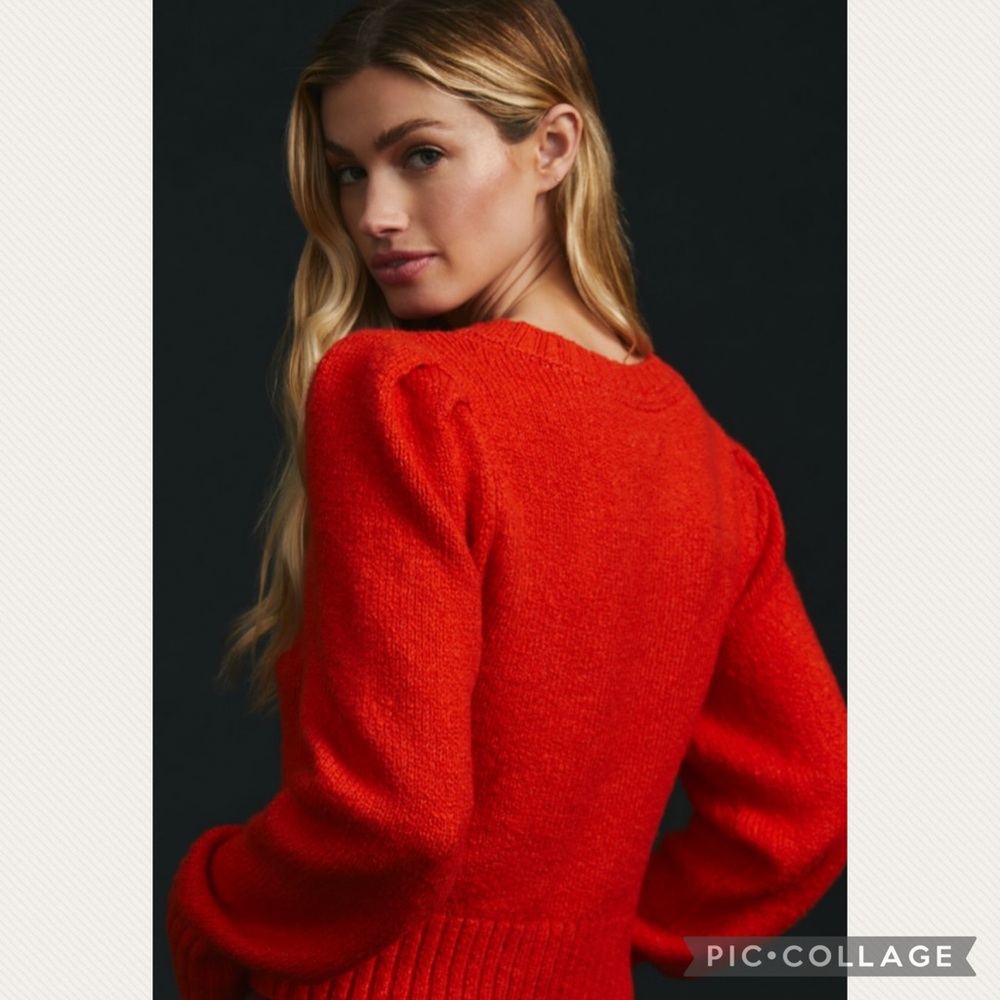 Anthropologie Maeve Crewneck Puff-Sleeve Sweater in Red - Picture 5 of 10